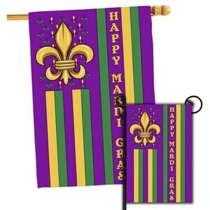 Mardi Gras Flag 2-Piece Set: House Flag & Garden Flag - Fleur De Lis Purple Gold